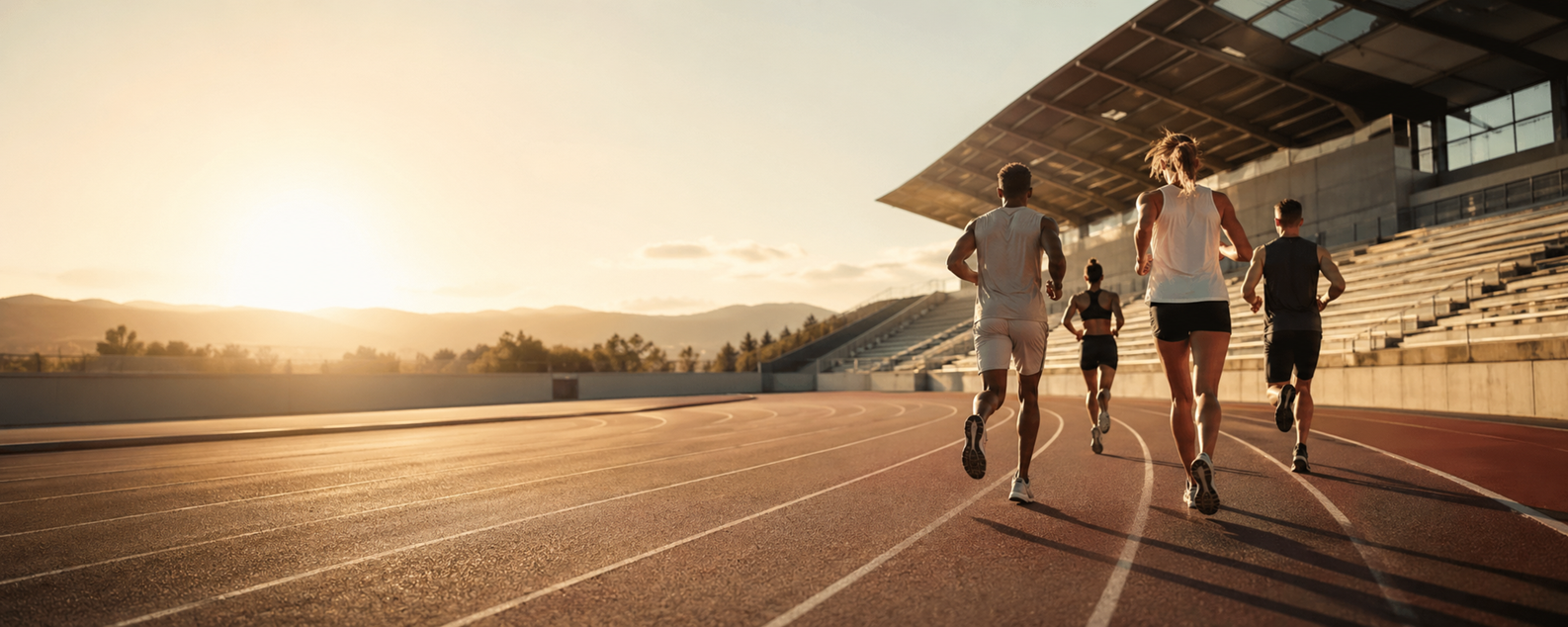 Grupo de corredores em pista ao entardecer